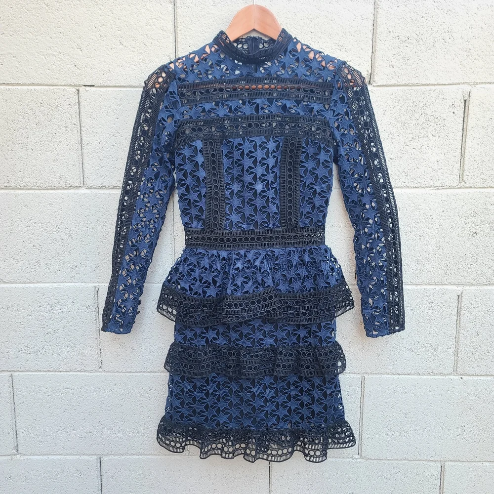 Self Portrait | High Neck Star Lace Panelled Dress in Navy Blue Black Size 0 - Picture 3 of 10